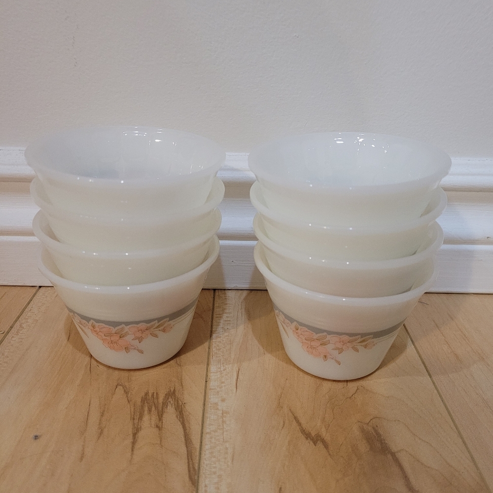 8 Vintage Indopal Floral Milk Glass Custard Bowls Made In Indonesia